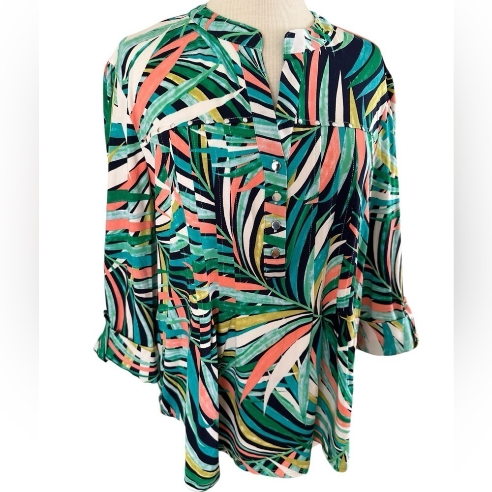COCOMO XL Green Multicolored 3/4 sleeve Studded women’s Pintuck Blouse t… - Picture 3 of 12